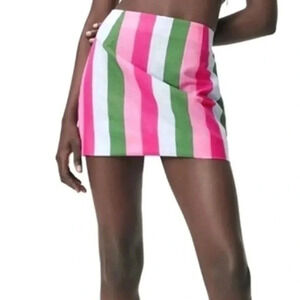 Zara Pink Green White Striped Linen Cotton Blend Zipper Mini Skirt Size XS